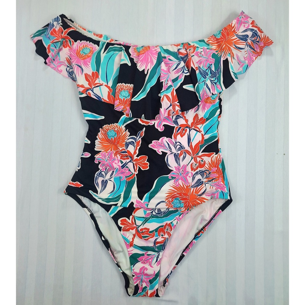 Trina Turk Womens Floral Off The Shoulder Ruffle One Piece Swimsuit Black Size 8 - Picture 1 of 5